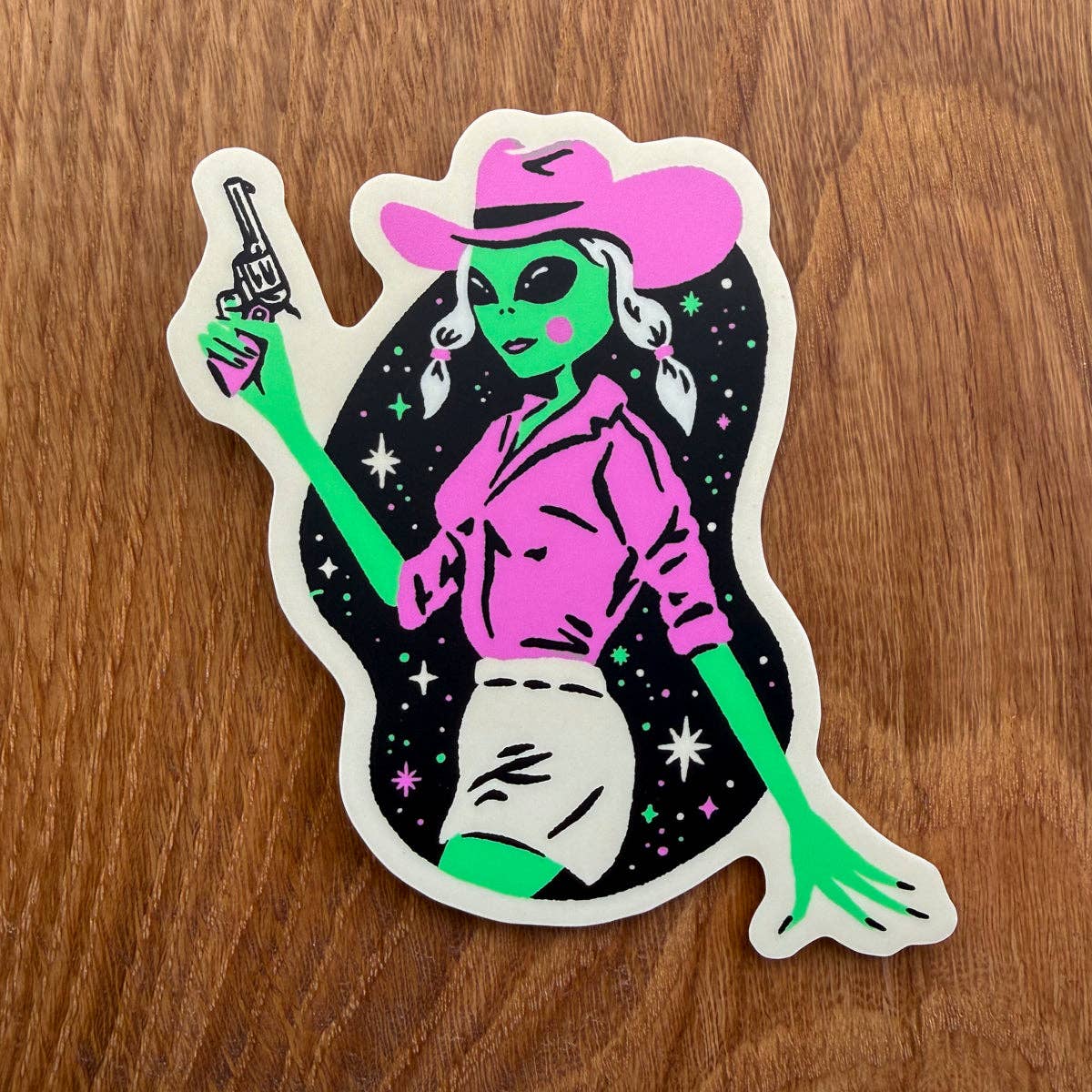 Pink Alien with Gun 4 Inch Matte Vinyl Sticker