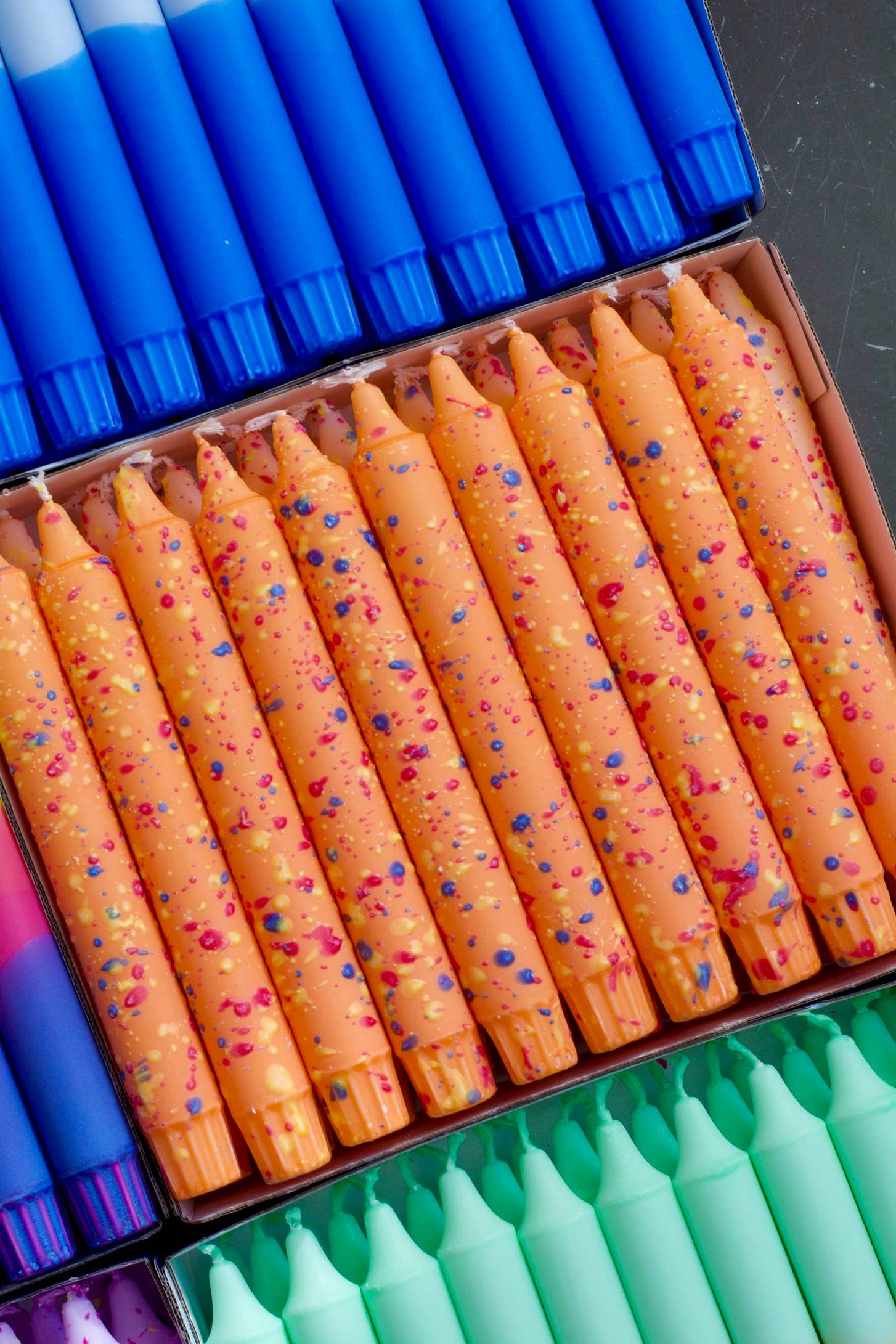 Taper candles- Orange - Blue Confetti