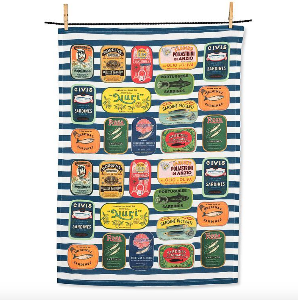 Sardine Tins on Stripes Kitchen Towel  20x28"L