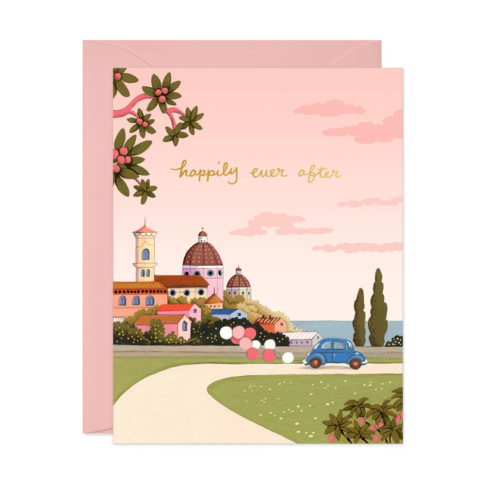 Happily Ever After Under Pink Skies Wedding Greeting Card